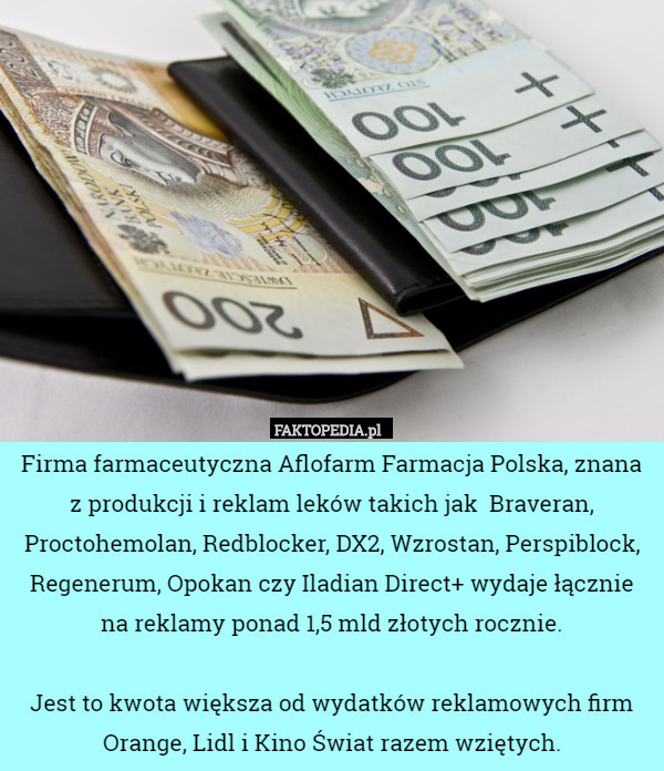 Firma farmaceutyczna Aflofarm Farmacja Polska, znana z produkcji i reklam leków takich jak  Braveran, Proctohemolan, Redblocker, DX2, Wzrostan, Perspiblock, Regenerum, Opokan czy Iladian Direct+ wydaje łącznie na reklamy ponad 1,5 mld złotych rocznie.

Jest to kwota większa od wydatków reklamowych firm Orange, Lidl i Kino Świat razem wziętych. 