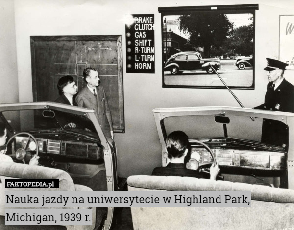 Nauka jazdy na uniwersytecie w Highland Park, Michigan, 1939 r. 