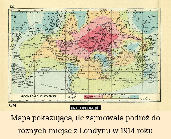 Mapa pokazująca, ile zajmowała podróż do różnych miejsc z Londynu w 1914 roku 