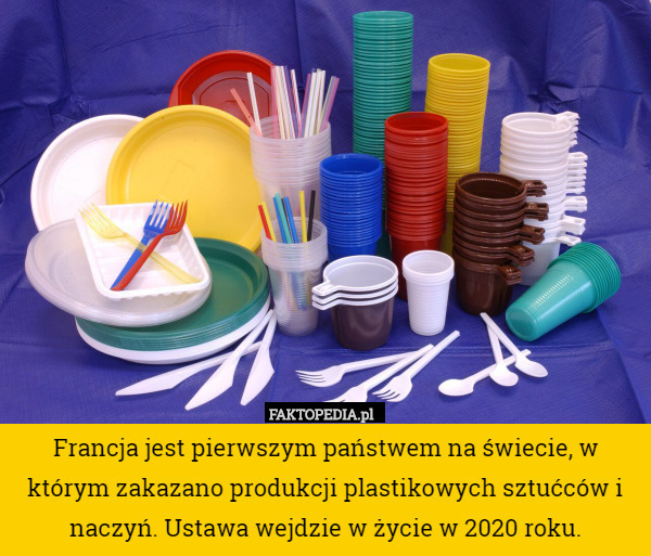 Francja jest pierwszym państwem na świecie, w którym zakazano produkcji plastikowych sztućców i naczyń. Ustawa wejdzie w życie w 2020 roku. 