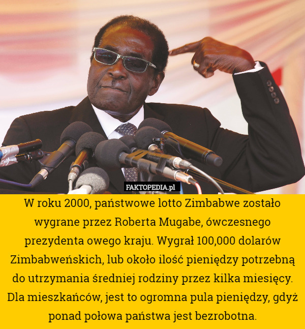W roku 2000, państwowe lotto Zimbabwe zostało wygrane przez Roberta Mugabe, ówczesnego prezydenta owego kraju. Wygrał 100,000 dolarów Zimbabweńskich, lub około ilość pieniędzy potrzebną do utrzymania średniej rodziny przez kilka miesięcy. Dla mieszkańców, jest to ogromna pula pieniędzy, gdyż ponad połowa państwa jest bezrobotna. 