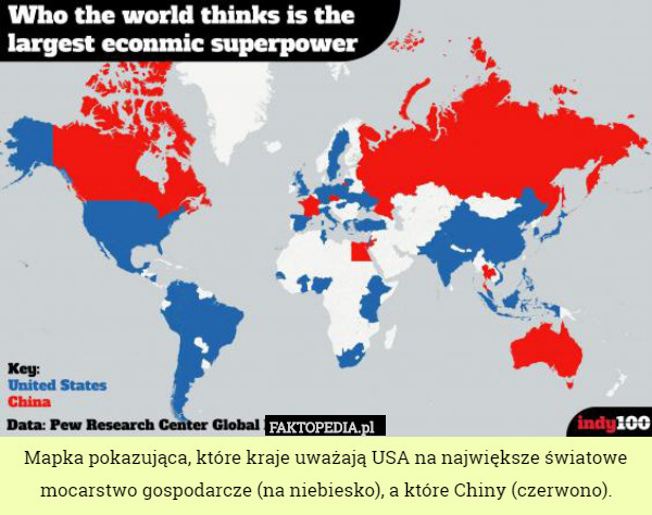 Mapka pokazująca, które kraje uważają USA na największe światowe mocarstwo gospodarcze (na niebiesko), a które Chiny (czerwono). 