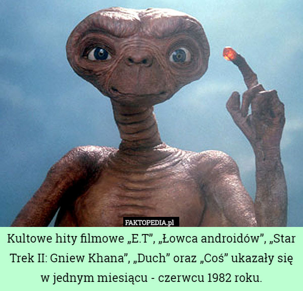 Kultowe hity filmowe „E.T”, „Łowca androidów”, „Star Trek II: Gniew Khana”, „Duch” oraz „Coś” ukazały się w jednym miesiącu - czerwcu 1982 roku. 