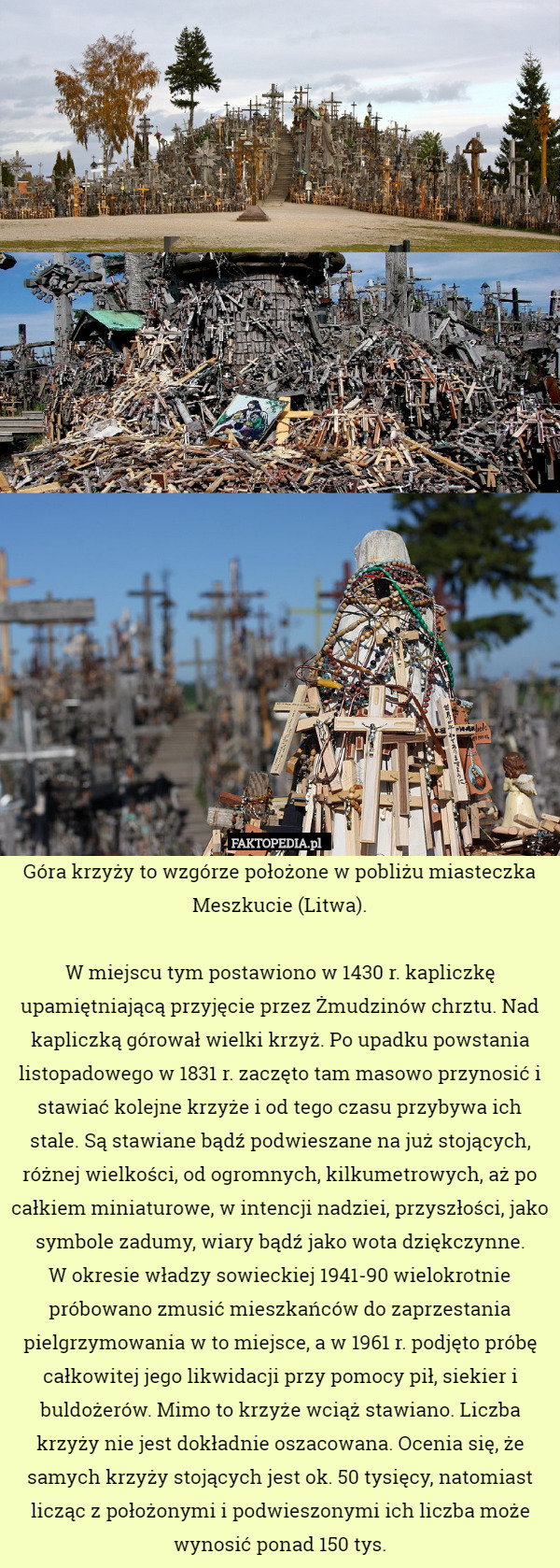 Góra krzyży to wzgórze położone w pobliżu miasteczka Meszkucie (Litwa).

W miejscu tym postawiono w 1430 r. kapliczkę upamiętniającą przyjęcie przez Żmudzinów chrztu. Nad kapliczką górował wielki krzyż. Po upadku powstania listopadowego w 1831 r. zaczęto tam masowo przynosić i stawiać kolejne krzyże i od tego czasu przybywa ich stale. Są stawiane bądź podwieszane na już stojących, różnej wielkości, od ogromnych, kilkumetrowych, aż po całkiem miniaturowe, w intencji nadziei, przyszłości, jako symbole zadumy, wiary bądź jako wota dziękczynne.
W okresie władzy sowieckiej 1941-90 wielokrotnie próbowano zmusić mieszkańców do zaprzestania pielgrzymowania w to miejsce, a w 1961 r. podjęto próbę całkowitej jego likwidacji przy pomocy pił, siekier i buldożerów. Mimo to krzyże wciąż stawiano. Liczba krzyży nie jest dokładnie oszacowana. Ocenia się, że samych krzyży stojących jest ok. 50 tysięcy, natomiast licząc z położonymi i podwieszonymi ich liczba może wynosić ponad 150 tys. 