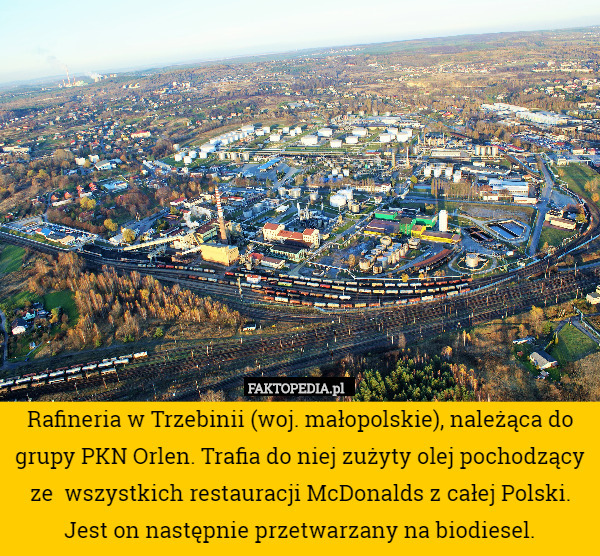 Rafineria w Trzebinii (woj. małopolskie), należąca do grupy PKN Orlen. Trafia do niej zużyty olej pochodzący ze  wszystkich restauracji McDonalds z całej Polski. Jest on następnie przetwarzany na biodiesel. 