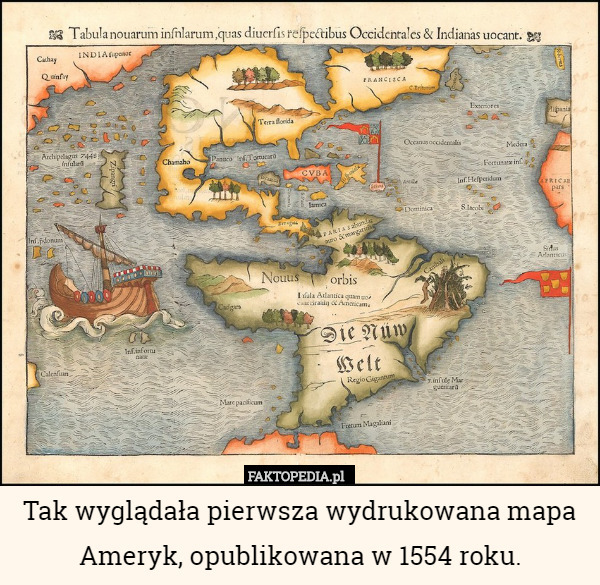Tak wyglądała pierwsza wydrukowana mapa Ameryk, opublikowana w 1554 roku. 