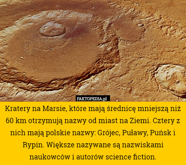 Kratery na Marsie, które mają średnicę mniejszą niż 60 km otrzymują nazwy od miast na Ziemi. Cztery z nich mają polskie nazwy: Grójec, Puławy, Puńsk i Rypin. Większe nazywane są nazwiskami naukowców i autorów science fiction. 