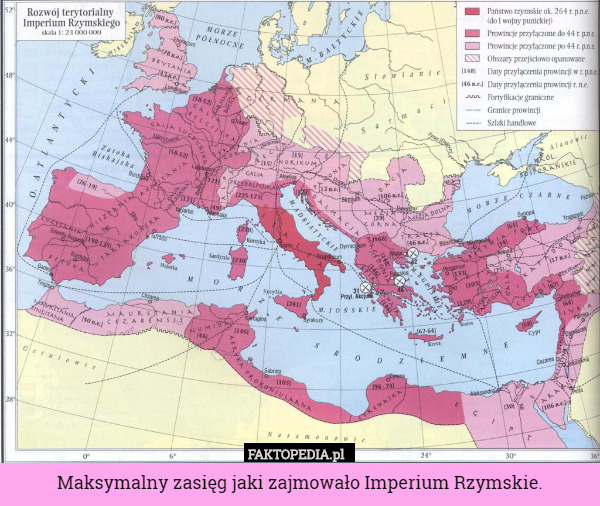Maksymalny zasięg jaki zajmowało Imperium Rzymskie. 