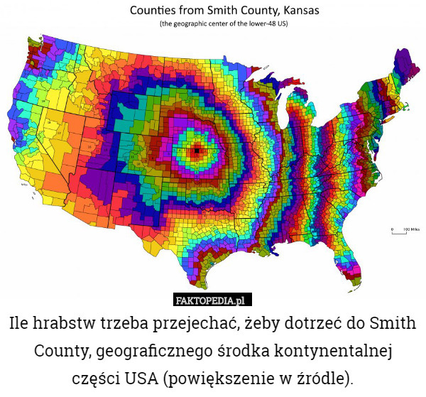 Ile hrabstw trzeba przejechać, żeby dotrzeć do Smith County, geograficznego środka kontynentalnej części USA (powiększenie w źródle). 