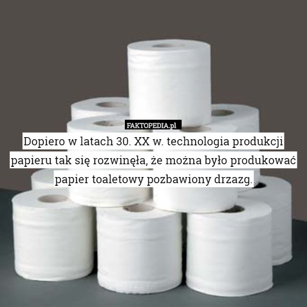 Dopiero w latach 30. XX w. technologia produkcji papieru tak się rozwinęła, że można było produkować papier toaletowy pozbawiony drzazg. 