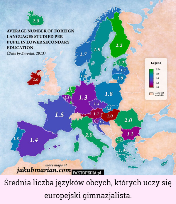 Średnia liczba języków obcych, których uczy się europejski gimnazjalista. 