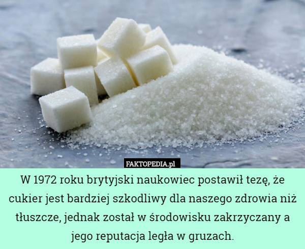 W 1972 roku brytyjski naukowiec postawił tezę, że cukier jest bardziej szkodliwy dla naszego zdrowia niż tłuszcze, jednak został w środowisku zakrzyczany a jego reputacja legła w gruzach. 