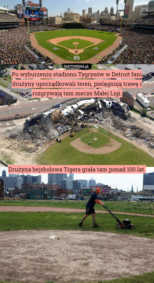 Po wyburzeniu stadionu Tygrysów w Detroit fani drużyny uporządkowali teren, pielęgnują trawę i rozgrywają tam mecze Małej Ligi.







Drużyna bejsbolowa Tigers grała tam ponad 100 lat. 