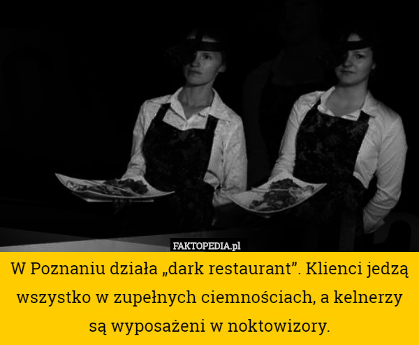 W Poznaniu działa „dark restaurant”. Klienci jedzą wszystko w zupełnych ciemnościach, a kelnerzy są wyposażeni w noktowizory. 