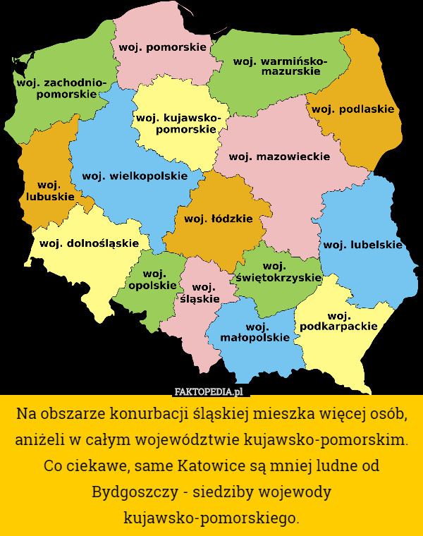 Na obszarze konurbacji śląskiej mieszka więcej osób, aniżeli w całym województwie kujawsko-pomorskim. Co ciekawe, same Katowice są mniej ludne od Bydgoszczy - siedziby wojewody kujawsko-pomorskiego. 