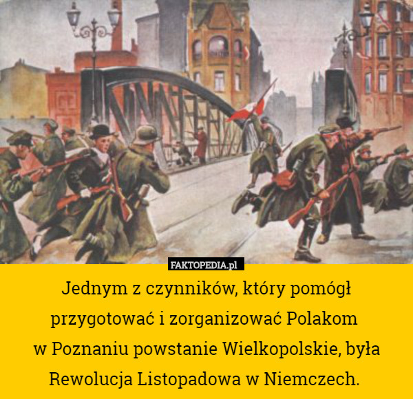 Jednym z czynników, który pomógł przygotować i zorganizować Polakom 
w Poznaniu powstanie Wielkopolskie, była Rewolucja Listopadowa w Niemczech. 