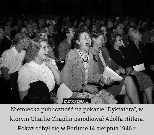 Niemiecka publiczność na pokazie "Dyktatora", w którym Charlie Chaplin parodiował Adolfa Hitlera. Pokaz odbył się w Berlinie 14 sierpnia 1946 r. 