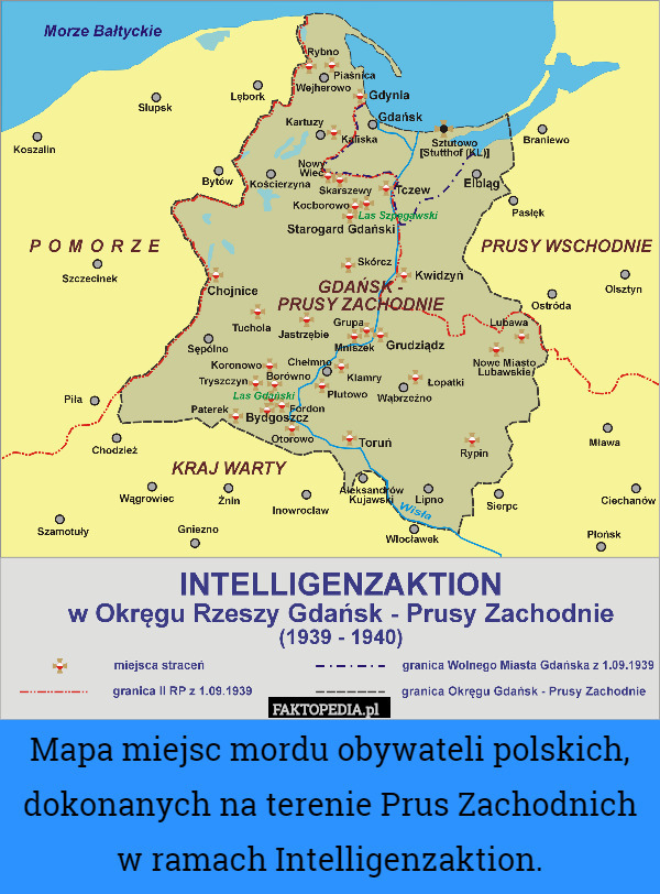 Mapa miejsc mordu obywateli polskich, dokonanych na terenie Prus Zachodnich w ramach Intelligenzaktion. 