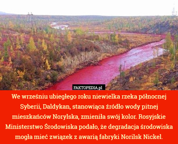 We wrześniu ubiegłego roku niewielka rzeka północnej Syberii, Daldykan, stanowiąca źródło wody pitnej mieszkańców Norylska, zmieniła swój kolor. Rosyjskie Ministerstwo Środowiska podało, że degradacja środowiska mogła mieć związek z awarią fabryki Norilsk Nickel. 