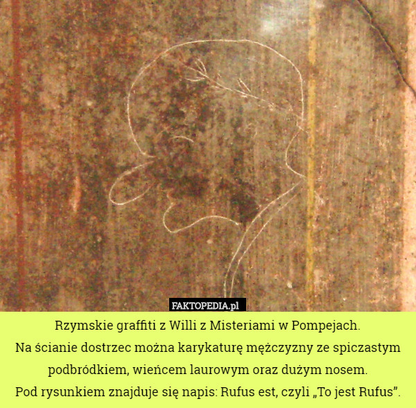 Rzymskie graffiti z Willi z Misteriami w Pompejach.
 Na ścianie dostrzec można karykaturę mężczyzny ze spiczastym podbródkiem, wieńcem laurowym oraz dużym nosem.
Pod rysunkiem znajduje się napis: Rufus est, czyli „To jest Rufus”. 