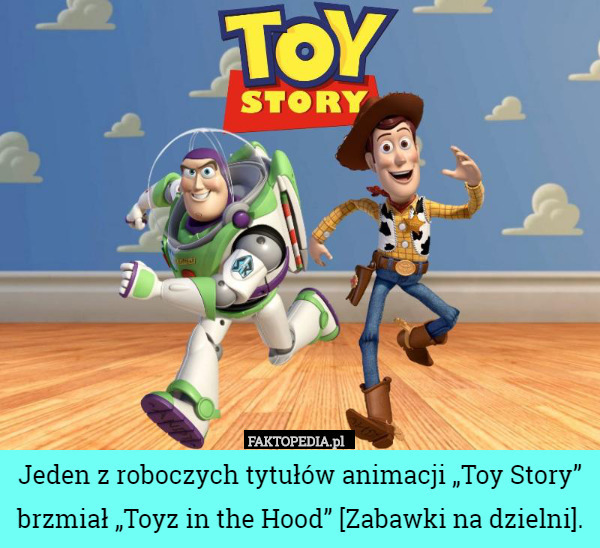 Jeden z roboczych tytułów animacji „Toy Story” brzmiał „Toyz in the Hood” [Zabawki na dzielni]. 