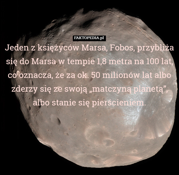 Jeden z księżyców Marsa, Fobos, przybliża się do Marsa w tempie 1,8 metra na 100 lat, co oznacza, że za ok. 50 milionów lat albo zderzy się ze swoją „matczyną planetą”,
albo stanie się pierścieniem. 