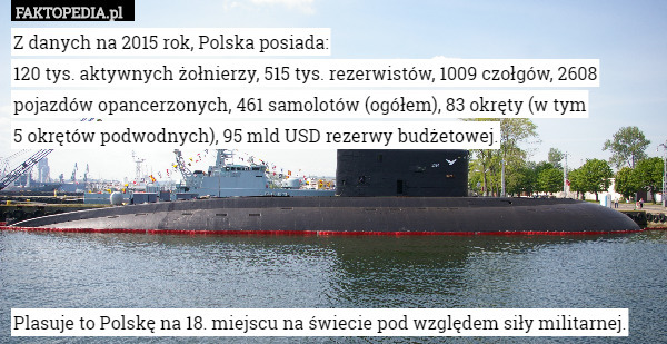 Z danych na 2015 rok, Polska posiada:
120 tys. aktywnych żołnierzy, 515 tys. rezerwistów, 1009 czołgów, 2608 pojazdów opancerzonych, 461 samolotów (ogółem), 83 okręty (w tym
 5 okrętów podwodnych), 95 mld USD rezerwy budżetowej.





Plasuje to Polskę na 18. miejscu na świecie pod względem siły militarnej. 