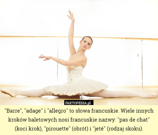 "Barre", "adage" i "allegro" to słowa francuskie. Wiele innych kroków baletowych nosi francuskie nazwy: "pas de chat" (koci krok), "pirouette" (obrót) i "jeté" (rodzaj skoku). 