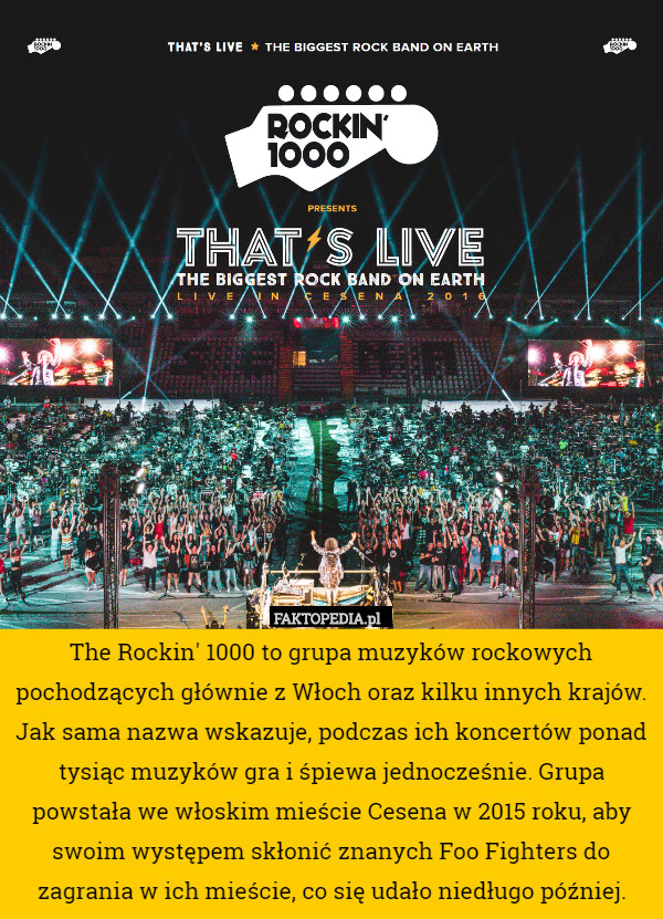 The Rockin' 1000 to grupa muzyków rockowych pochodzących głównie z Włoch oraz kilku innych krajów. Jak sama nazwa wskazuje, podczas ich koncertów ponad tysiąc muzyków gra i śpiewa jednocześnie. Grupa powstała we włoskim mieście Cesena w 2015 roku, aby swoim występem skłonić znanych Foo Fighters do zagrania w ich mieście, co się udało niedługo później. 