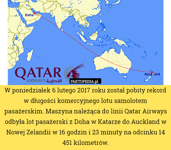 W poniedziałek 6 lutego 2017 roku został pobity rekord w długości komercyjnego lotu samolotem pasażerskim. Maszyna należąca do linii Qatar Airways odbyła lot pasażerski z Doha w Katarze do Auckland w Nowej Zelandii w 16 godzin i 23 minuty na odcinku 14 451 kilometrów. 