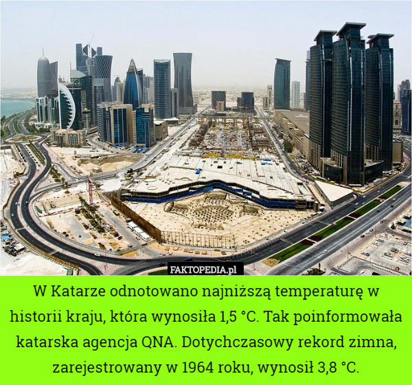 W Katarze odnotowano najniższą temperaturę w historii kraju, która wynosiła 1,5 °C. Tak poinformowała katarska agencja QNA. Dotychczasowy rekord zimna, zarejestrowany w 1964 roku, wynosił 3,8 °C. 