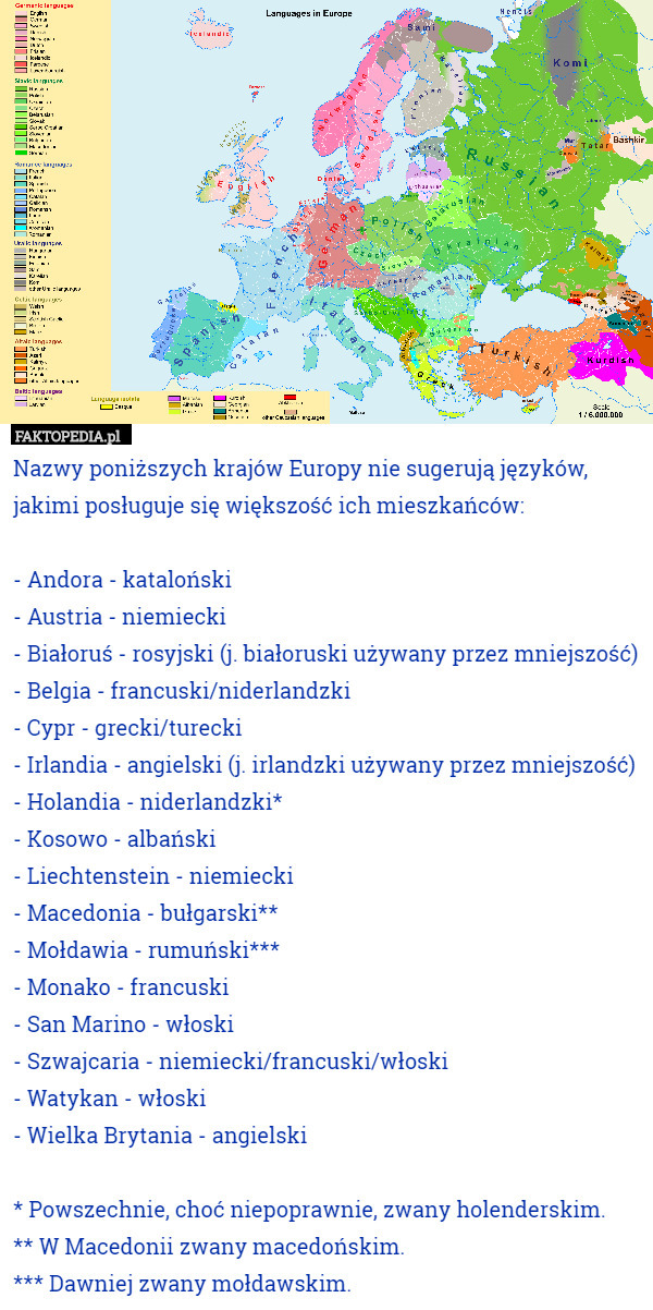 Nazwy poniższych krajów Europy nie sugerują języków, jakimi posługuje się większość ich mieszkańców:

- Andora - kataloński
- Austria - niemiecki
- Białoruś - rosyjski (j. białoruski używany przez mniejszość)
- Belgia - francuski/niderlandzki
- Cypr - grecki/turecki
- Irlandia - angielski (j. irlandzki używany przez mniejszość)
- Holandia - niderlandzki*
- Kosowo - albański
- Liechtenstein - niemiecki
- Macedonia - bułgarski**
- Mołdawia - rumuński***
- Monako - francuski
- San Marino - włoski
- Szwajcaria - niemiecki/francuski/włoski
- Watykan - włoski
- Wielka Brytania - angielski

* Powszechnie, choć niepoprawnie, zwany holenderskim.
** W Macedonii zwany macedońskim.
*** Dawniej zwany mołdawskim. 