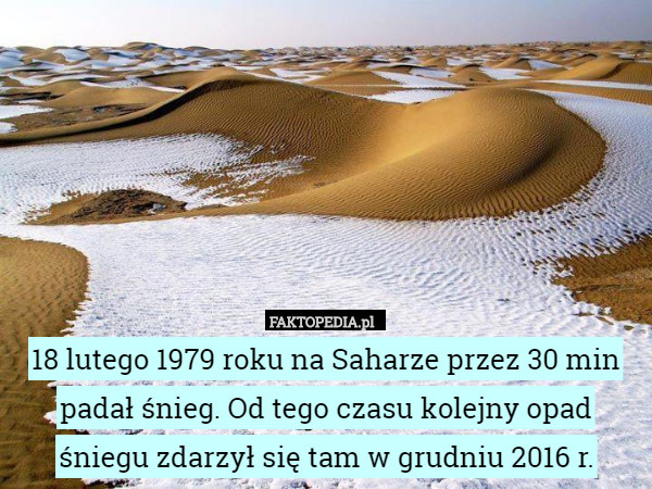 18 lutego 1979 roku na Saharze przez 30 min padał śnieg. Od tego czasu kolejny opad śniegu zdarzył się tam w grudniu 2016 r. 