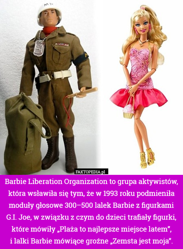 Barbie Liberation Organization to grupa aktywistów, która wsławiła się tym, że w 1993 roku podmieniła moduły głosowe 300–500 lalek Barbie z figurkami G.I. Joe, w związku z czym do dzieci trafiały figurki, które mówiły „Plaża to najlepsze miejsce latem”,
 i lalki Barbie mówiące groźne „Zemsta jest moja”. 