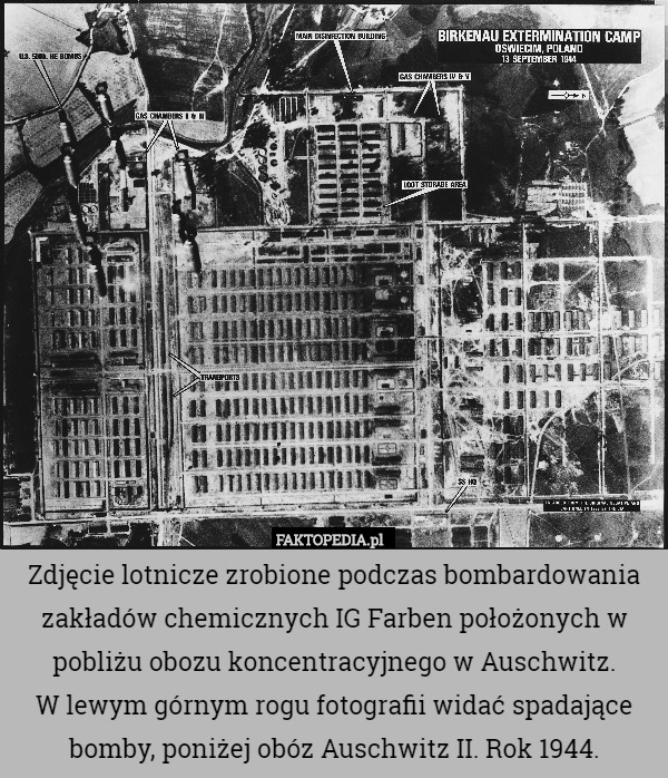 Zdjęcie lotnicze zrobione podczas bombardowania zakładów chemicznych IG Farben położonych w pobliżu obozu koncentracyjnego w Auschwitz.
 W lewym górnym rogu fotografii widać spadające bomby, poniżej obóz Auschwitz II. Rok 1944. 