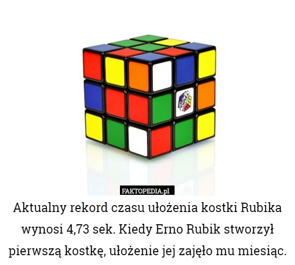 Aktualny rekord czasu ułożenia kostki Rubika wynosi 4,73 sek. Kiedy Erno Rubik stworzył pierwszą kostkę, ułożenie jej zajęło mu miesiąc. 