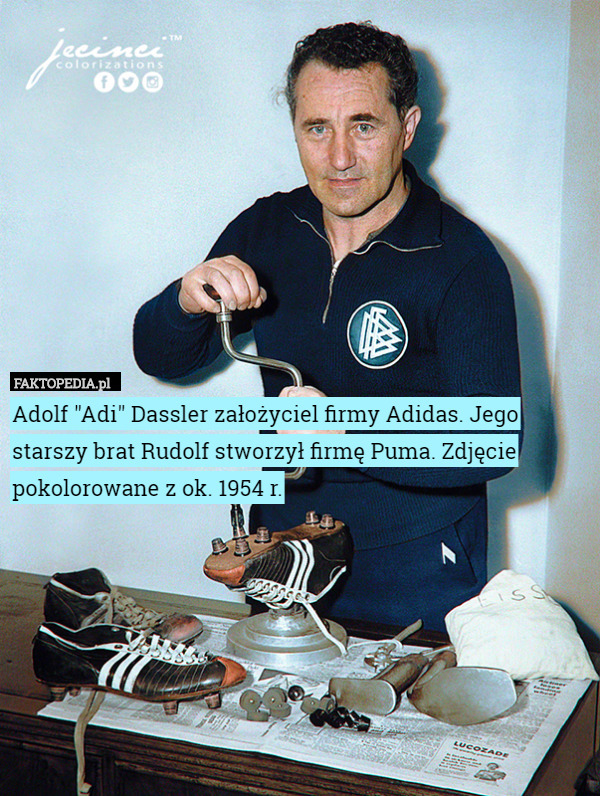 Adolf "Adi" Dassler założyciel firmy Adidas. Jego starszy brat Rudolf stworzył firmę Puma. Zdjęcie pokolorowane z ok. 1954 r. 