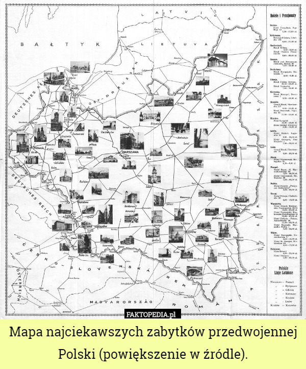Mapa najciekawszych zabytków przedwojennej Polski (powiększenie w źródle). 
