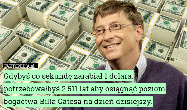 Gdybyś co sekundę zarabiał 1 dolara, potrzebowałbyś 2 511 lat aby osiągnąć poziom bogactwa Billa Gatesa na dzień dzisiejszy. 
