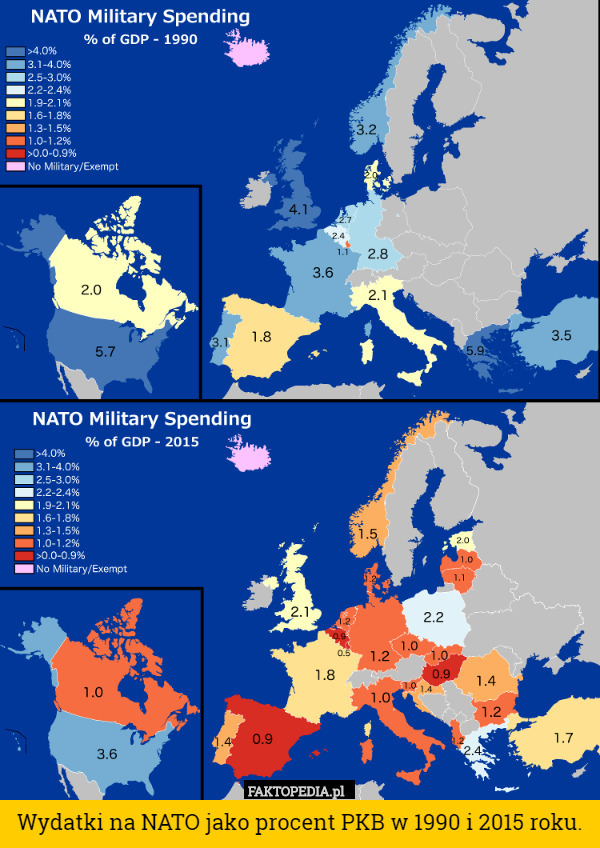 Wydatki na NATO jako procent PKB w 1990 i 2015 roku. 