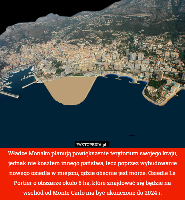 Władze Monako planują powiększenie terytorium swojego kraju, jednak nie kosztem innego państwa, lecz poprzez wybudowanie nowego osiedla w miejscu, gdzie obecnie jest morze. Osiedle Le Portier o obszarze około 6 ha, które znajdować się będzie na wschód od Monte Carlo ma być ukończone do 2024 r. 