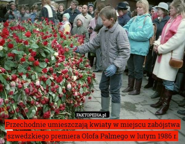 Przechodnie umieszczają kwiaty w miejscu zabójstwa szwedzkiego premiera Olofa Palmego w lutym 1986 r. 