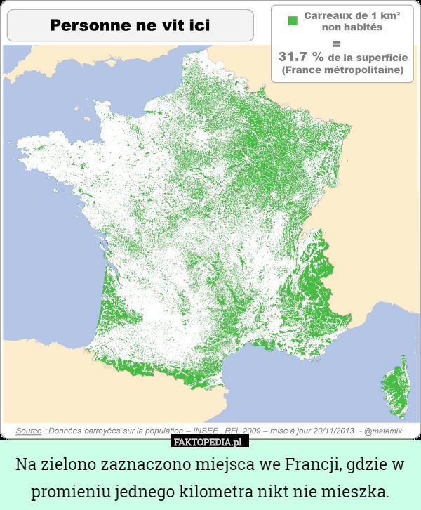 Na zielono zaznaczono miejsca we Francji, gdzie w promieniu jednego kilometra nikt nie mieszka. 
