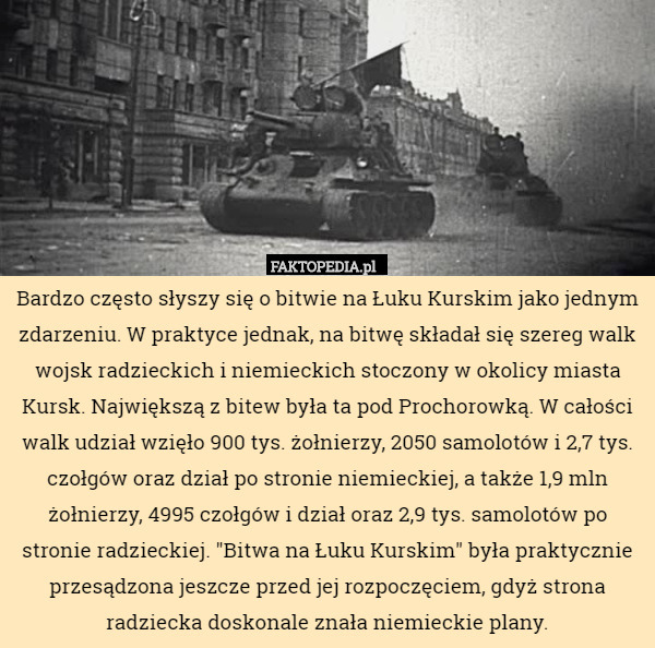 Bardzo często słyszy się o bitwie na Łuku Kurskim jako jednym zdarzeniu. W praktyce jednak, na bitwę składał się szereg walk wojsk radzieckich i niemieckich stoczony w okolicy miasta Kursk. Największą z bitew była ta pod Prochorowką. W całości walk udział wzięło 900 tys. żołnierzy, 2050 samolotów i 2,7 tys. czołgów oraz dział po stronie niemieckiej, a także 1,9 mln żołnierzy, 4995 czołgów i dział oraz 2,9 tys. samolotów po stronie radzieckiej. "Bitwa na Łuku Kurskim" była praktycznie przesądzona jeszcze przed jej rozpoczęciem, gdyż strona radziecka doskonale znała niemieckie plany. 