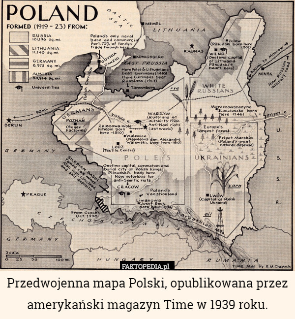 Przedwojenna mapa Polski, opublikowana przez amerykański magazyn Time w 1939 roku. 