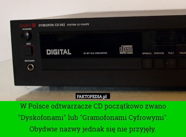 W Polsce odtwarzacze CD początkowo zwano "Dyskofonami" lub "Gramofonami Cyfrowymi". Obydwie nazwy jednak się nie przyjęły. 