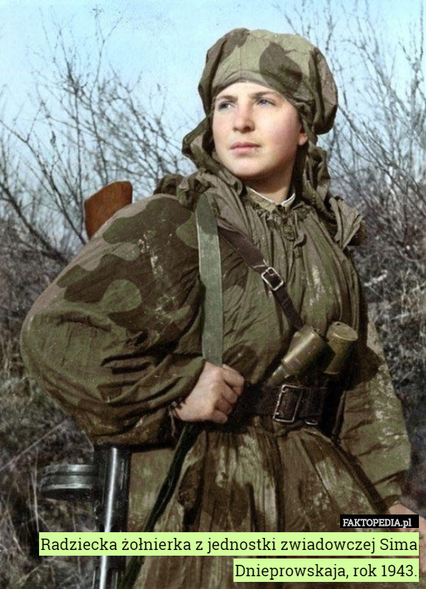 Radziecka żołnierka z jednostki zwiadowczej Sima Dnieprowskaja, rok 1943. 