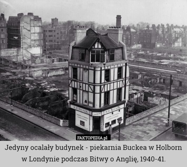 Jedyny ocalały budynek - piekarnia Buckea w Holborn w Londynie podczas Bitwy o Anglię, 1940-41. 