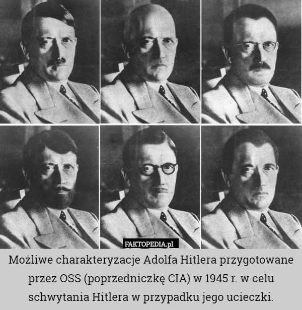Możliwe charakteryzacje Adolfa Hitlera przygotowane przez OSS (poprzedniczkę CIA) w 1945 r. w celu schwytania Hitlera w przypadku jego ucieczki. 