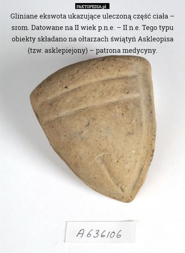 Gliniane ekswota ukazujące uleczoną część ciała – srom. Datowane na II wiek p.n.e. – II n.e. Tego typu obiekty składano na ołtarzach świątyń Askleopisa (tzw. asklepiejony) – patrona medycyny. 